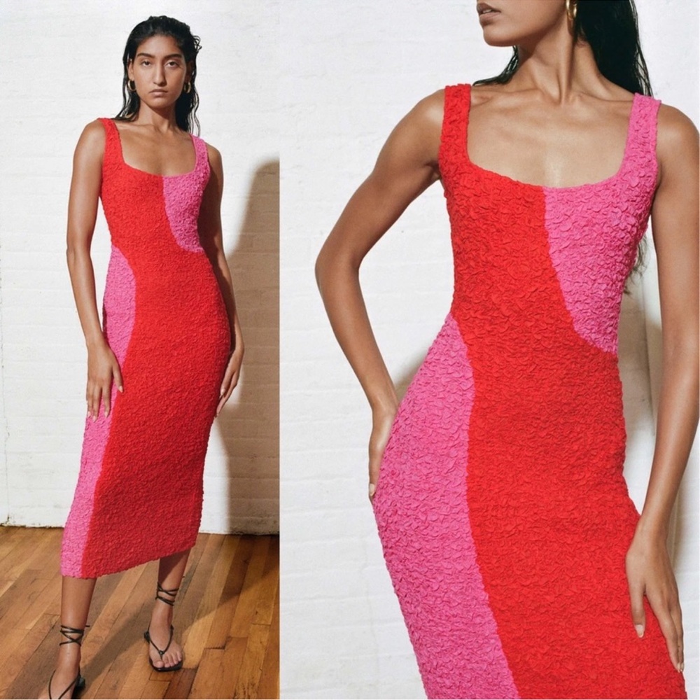 Mara Hoffman Pink Red Colorblock Sloan Tank Column Popcorn Midi Dress